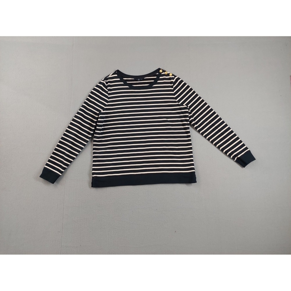 Lands End Women Sweater L Navy White Stripe Round Neck Pullover Logo Casual Wear